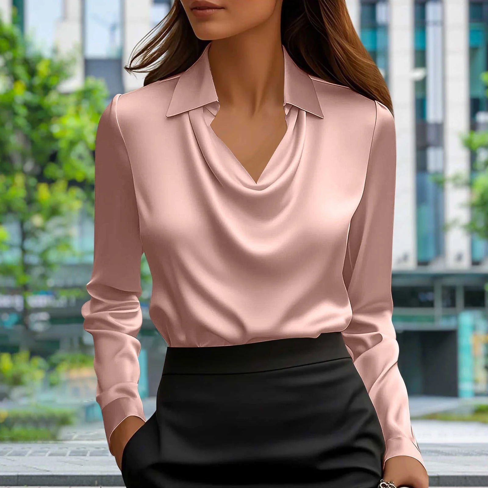 Fall Fashion Must Haves Women'S Satin Silky Cowl Neck Drape Ruched Front Long Sleeve Blouse Shirt Top Casual Dressy Loose Clothing Fall Clothes My Items