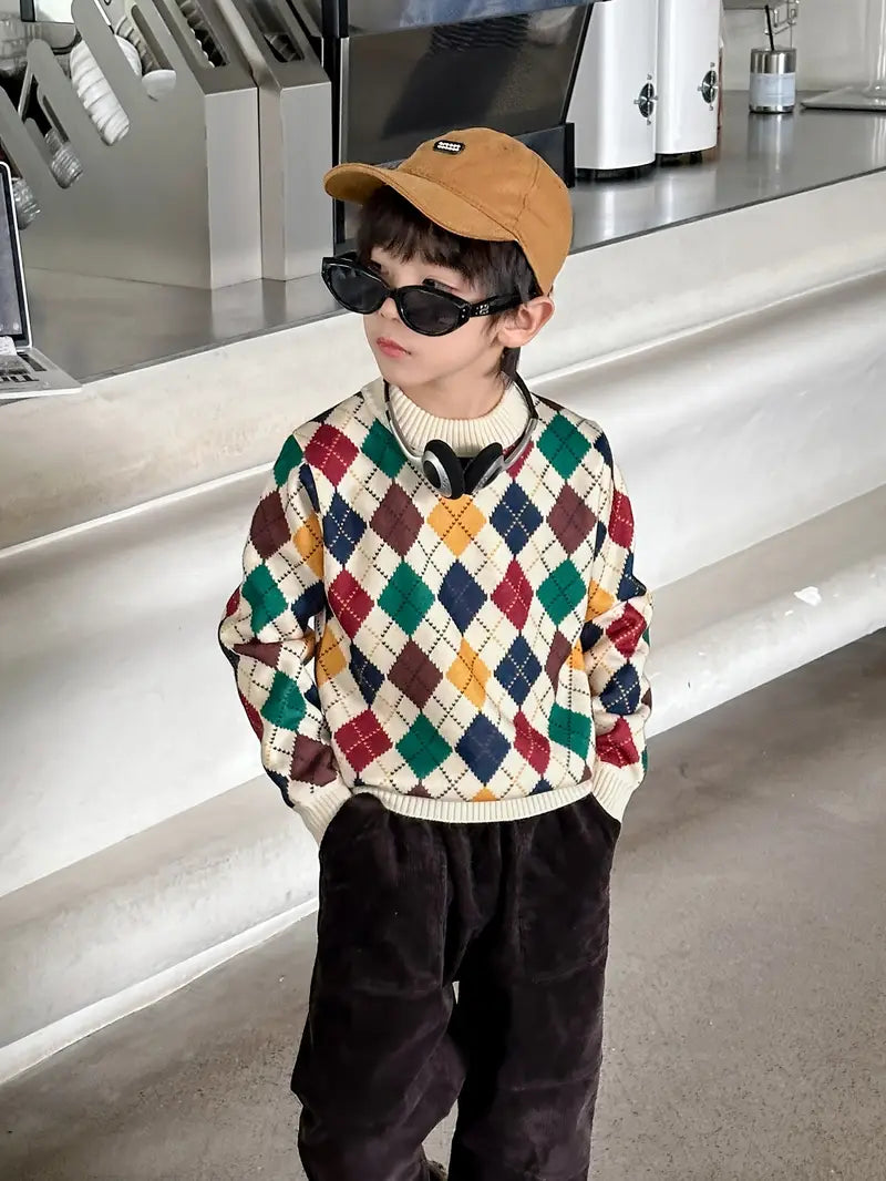 Boys Stylish Diamond Plaid Knit Sweater