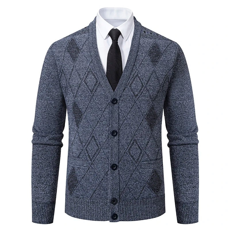 Men’s Plaid Cardigan V-neck Fleece Sweater