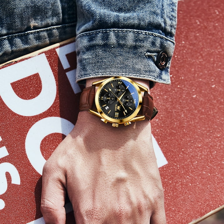 OLEVS Watches for Men Chronograph Leather Gold Plated Case Analog Quartz