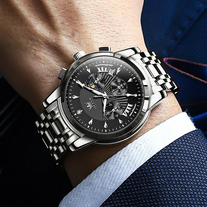 OLEVS Watches for Men, Mens Watches Quartz Silver Stainless Steel Waterproof Luminous Business Calendar Wrist Watch reloj para hombre Black Dial