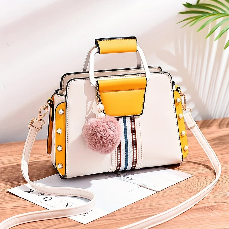 Stylish Colorblock Satchel Bag with Fun Pom Pom Accent