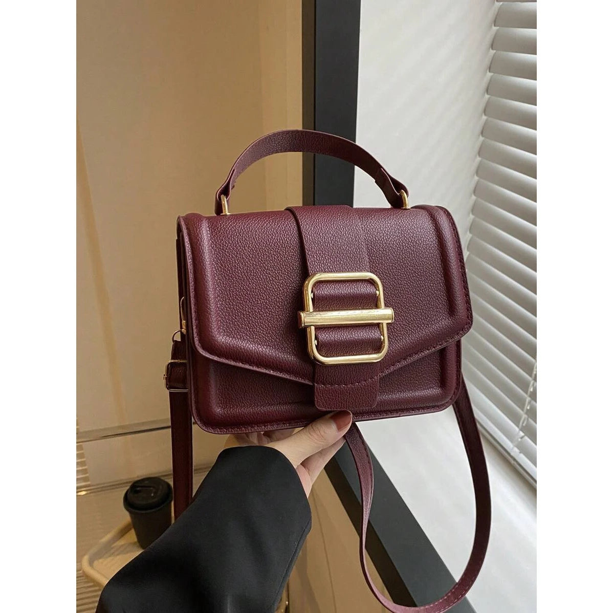 Chic Solid Color Mini Handbag with Metallic Buckle, Synthetic Faux Leather, Zipper Closure, Polyester Lined
