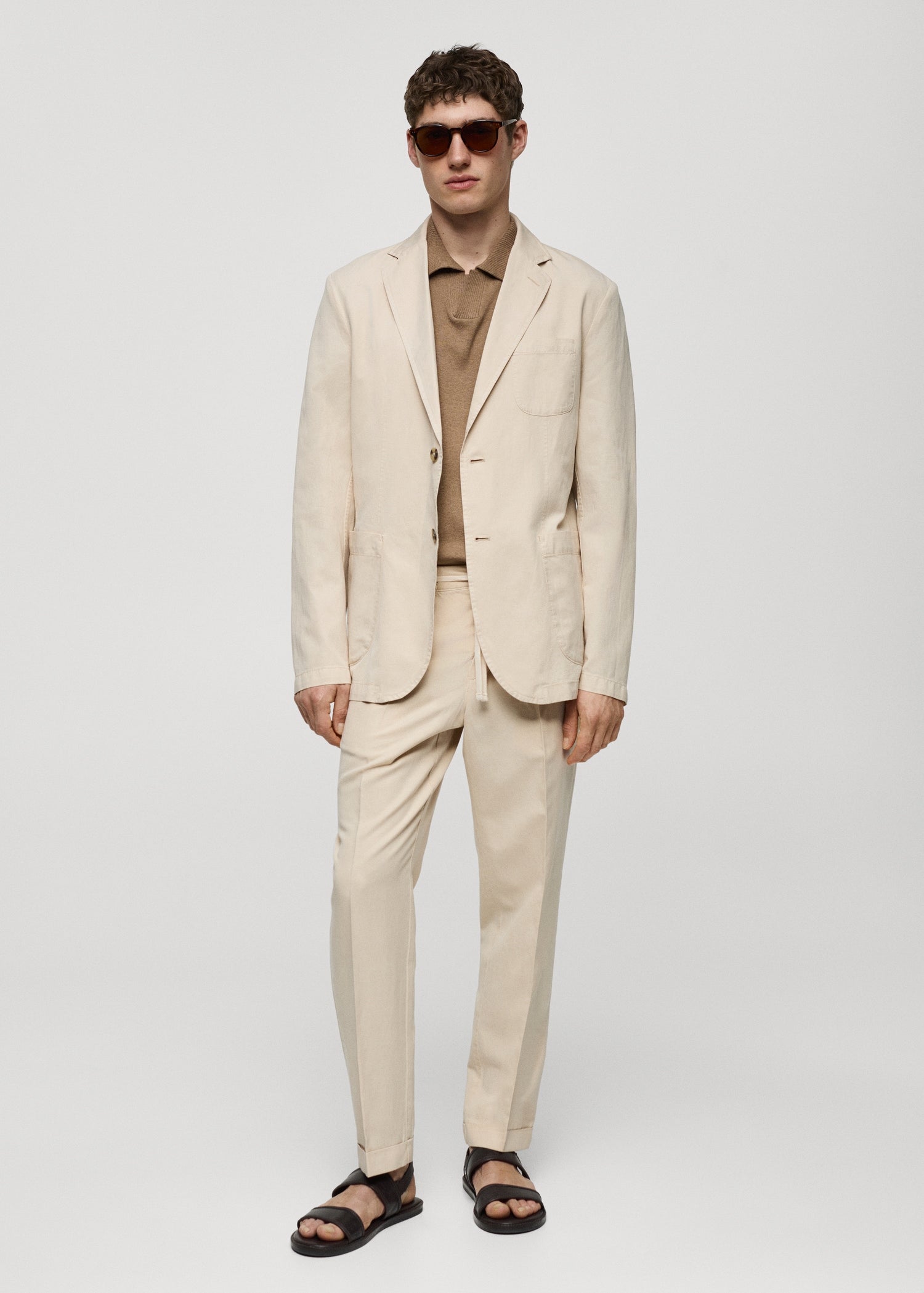 Slim Fit Linen Cotton-blend Blazer Cream