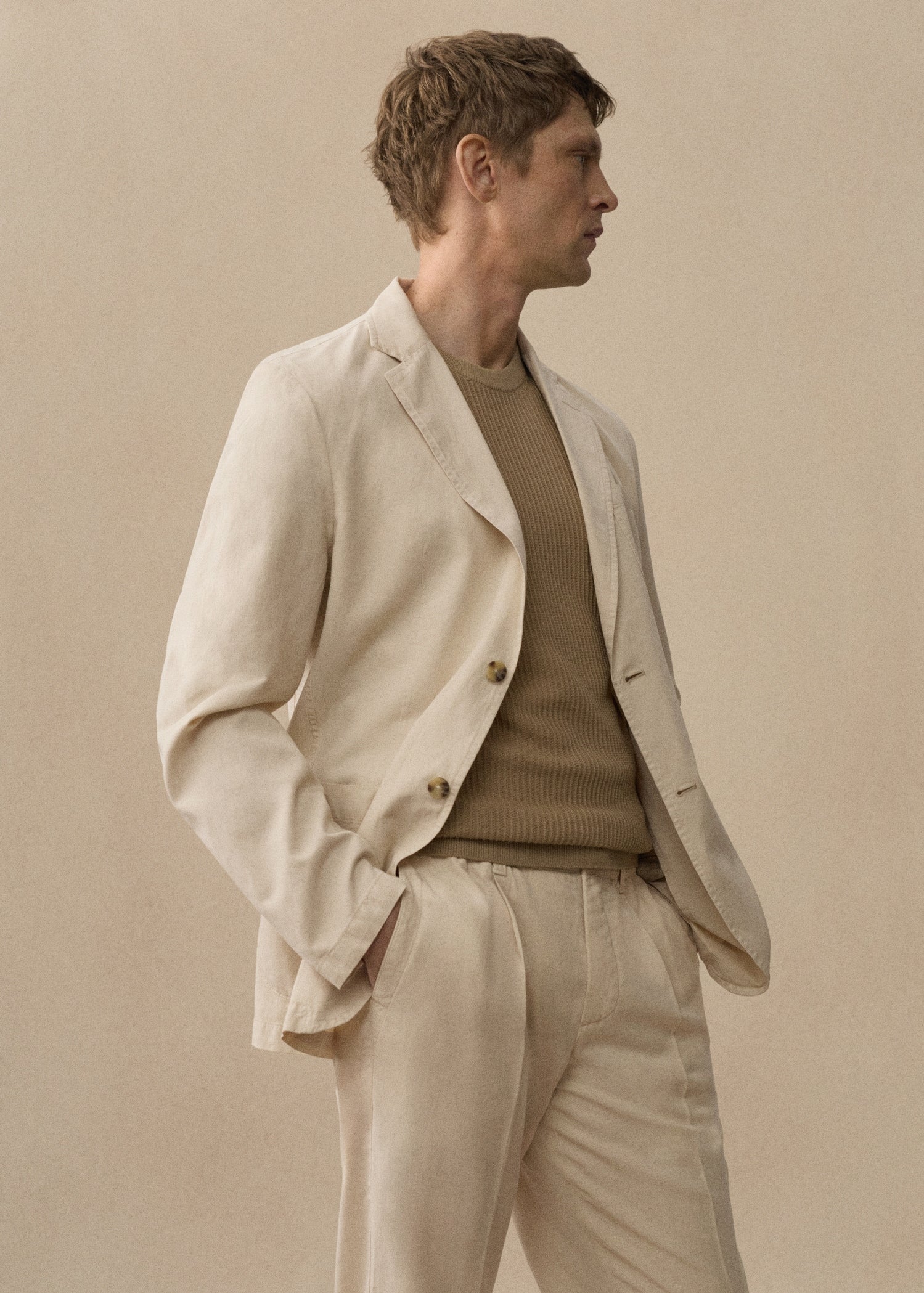 Slim Fit Linen Cotton-blend Blazer Cream