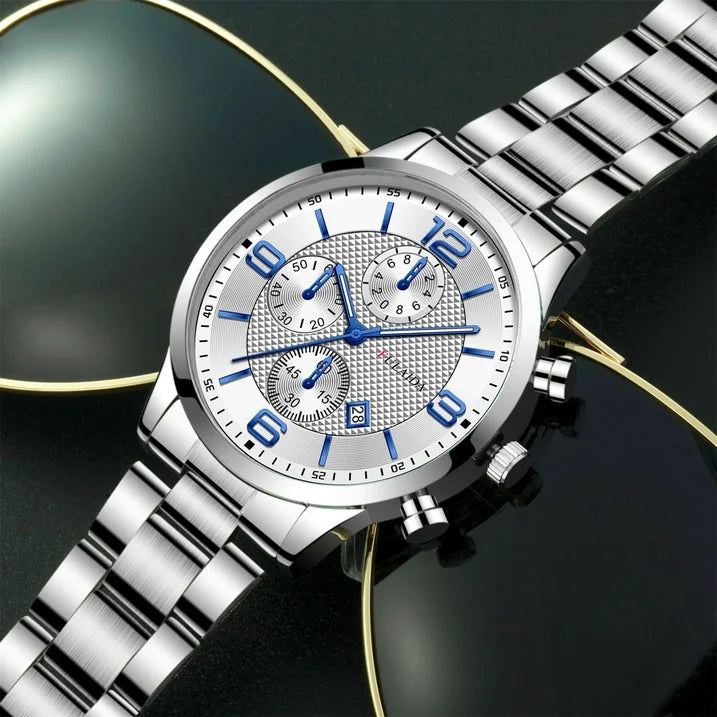 Watches for Men Fashion Sport Stainless Steel Case Steel Band Quartz Analog Wrist Watch