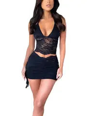 Sexy Perspective 2pcs Set, Solid Color Lace Design Tank Top+Asymmetric Ruffle Mini Skirt