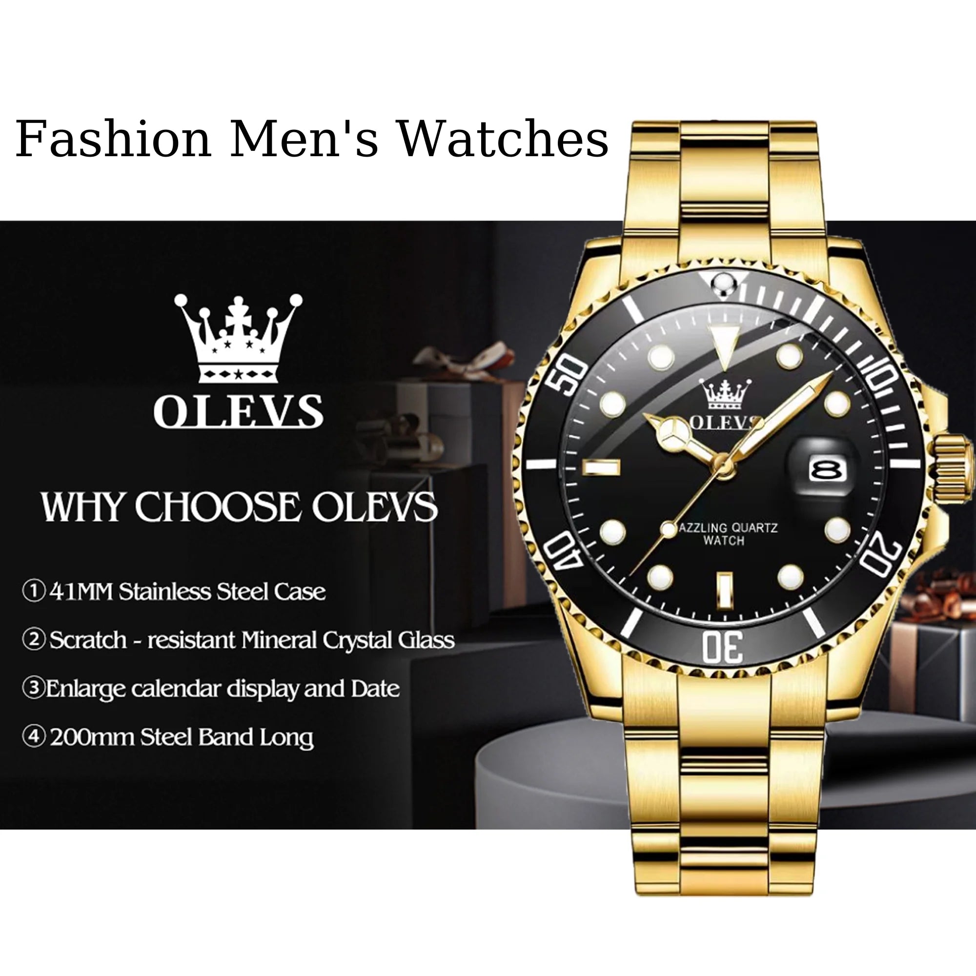 OLEVS Mens Watch Waterproof Luminous Date Watches Stainless Steel