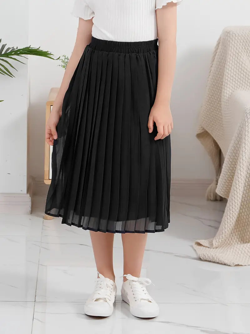 Girls Solid Pleated A-line Skirt Party Gift Spring Fall