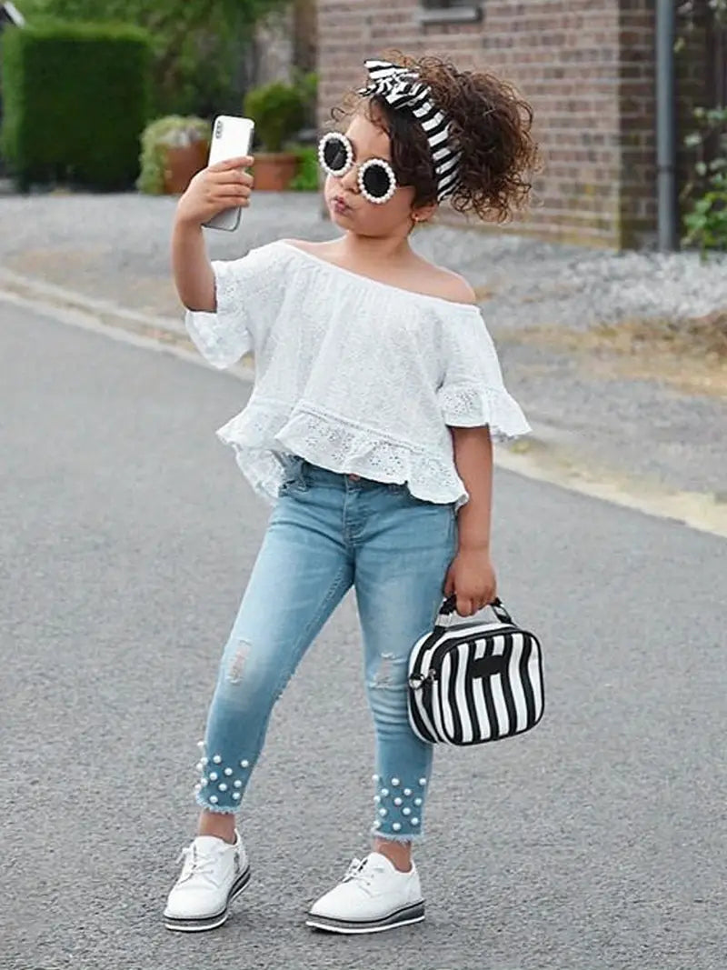 Summer Outfit Off-Shoulder Top & Beaded Denim Pants Set