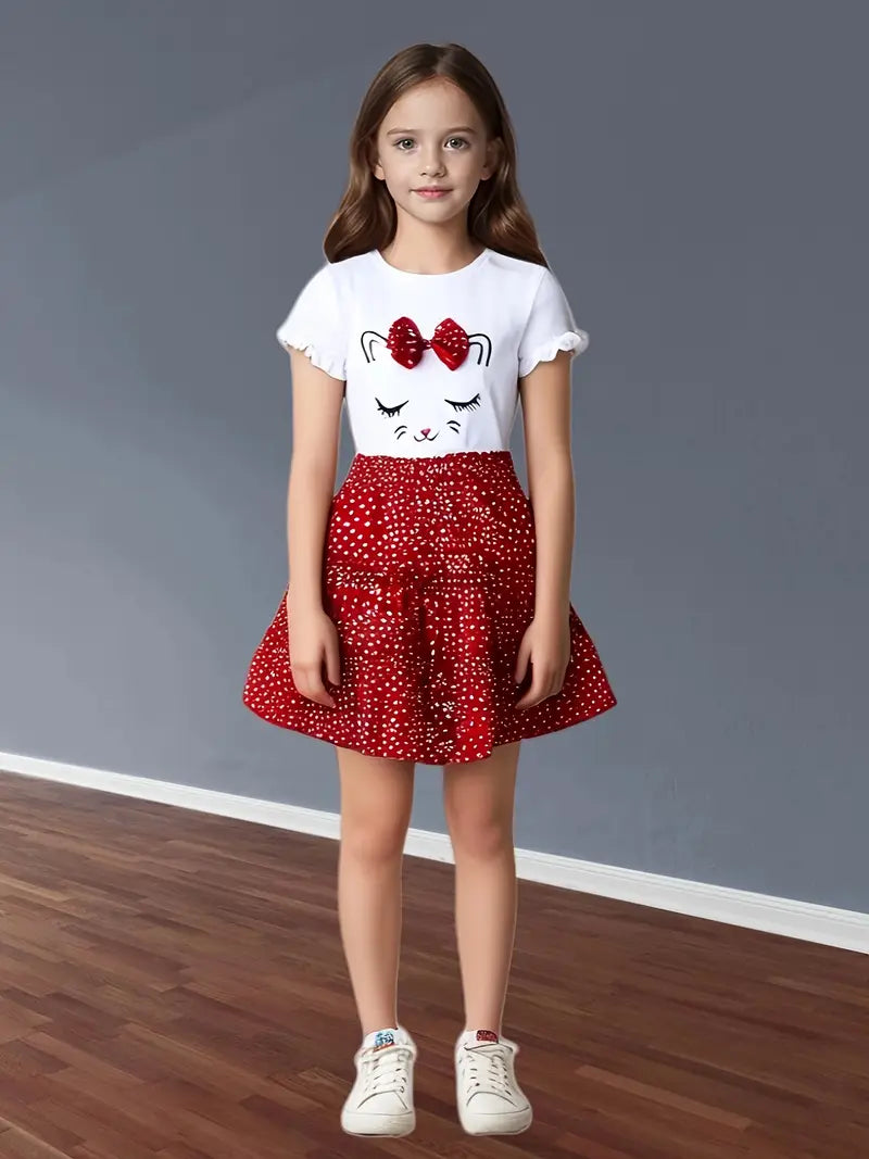 Graphic Tee with Red Polka Dot Skirt