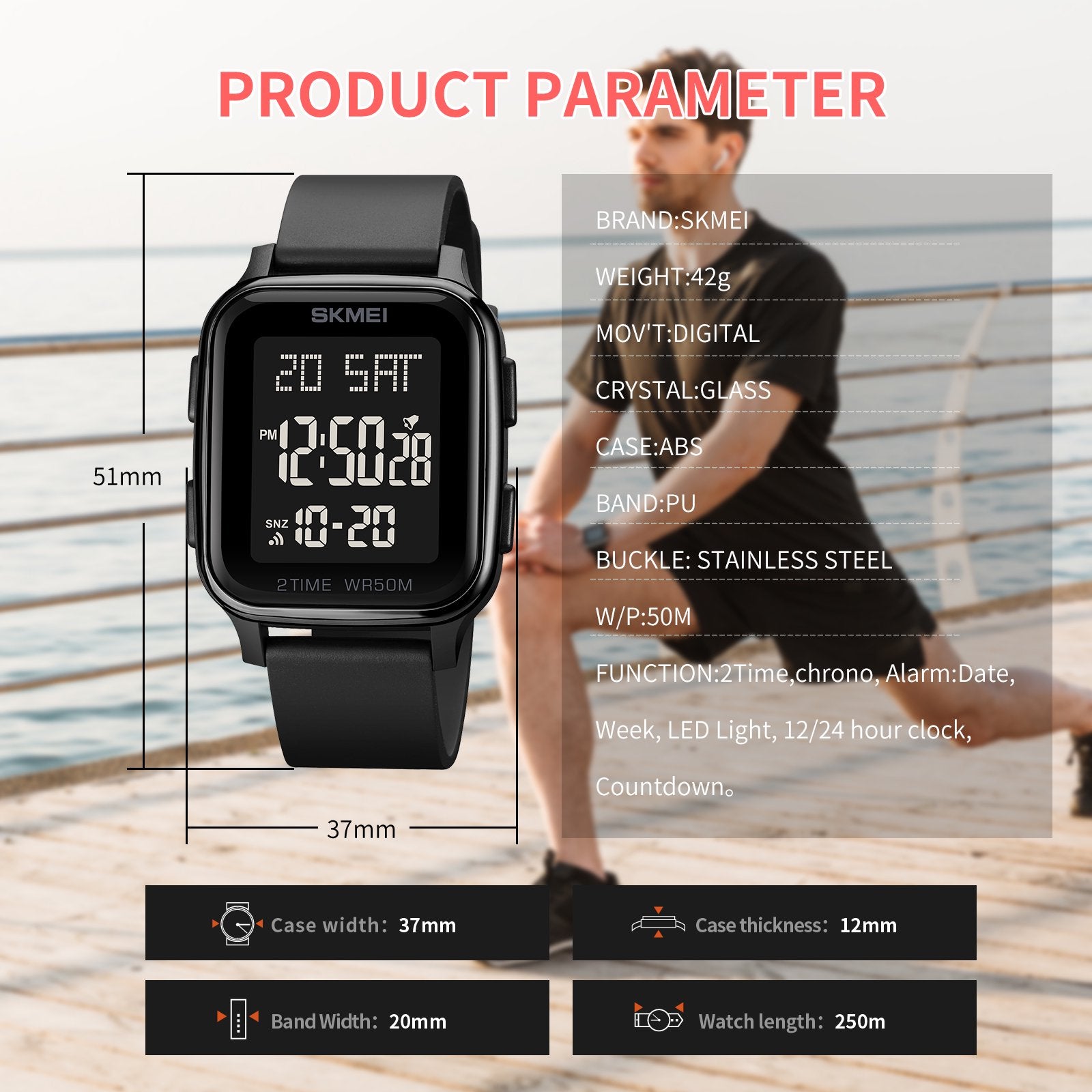 Men's Digital Multifunction Watch Outdoor Casual Square 50M Waterproof Led Light Wristwatch