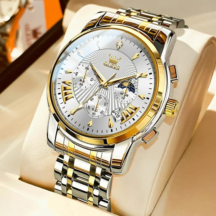 OLEVS Watches for Men, Mens Watches Quartz Gold Stainless Steel Waterproof Luminous Business Calendar Wrist Watch reloj para hombre White Dial