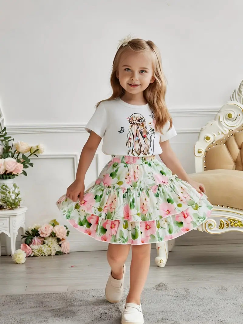 Printed Short Sleeve T-shirt + Floral Printed Short Skirt