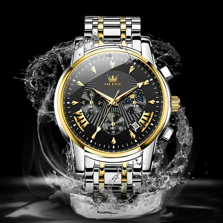 OLEVS Watches for Men, Mens Watches Quartz Gold Stainless Steel Waterproof Luminous Business Calendar Wrist Watch reloj para hombre Black Dial