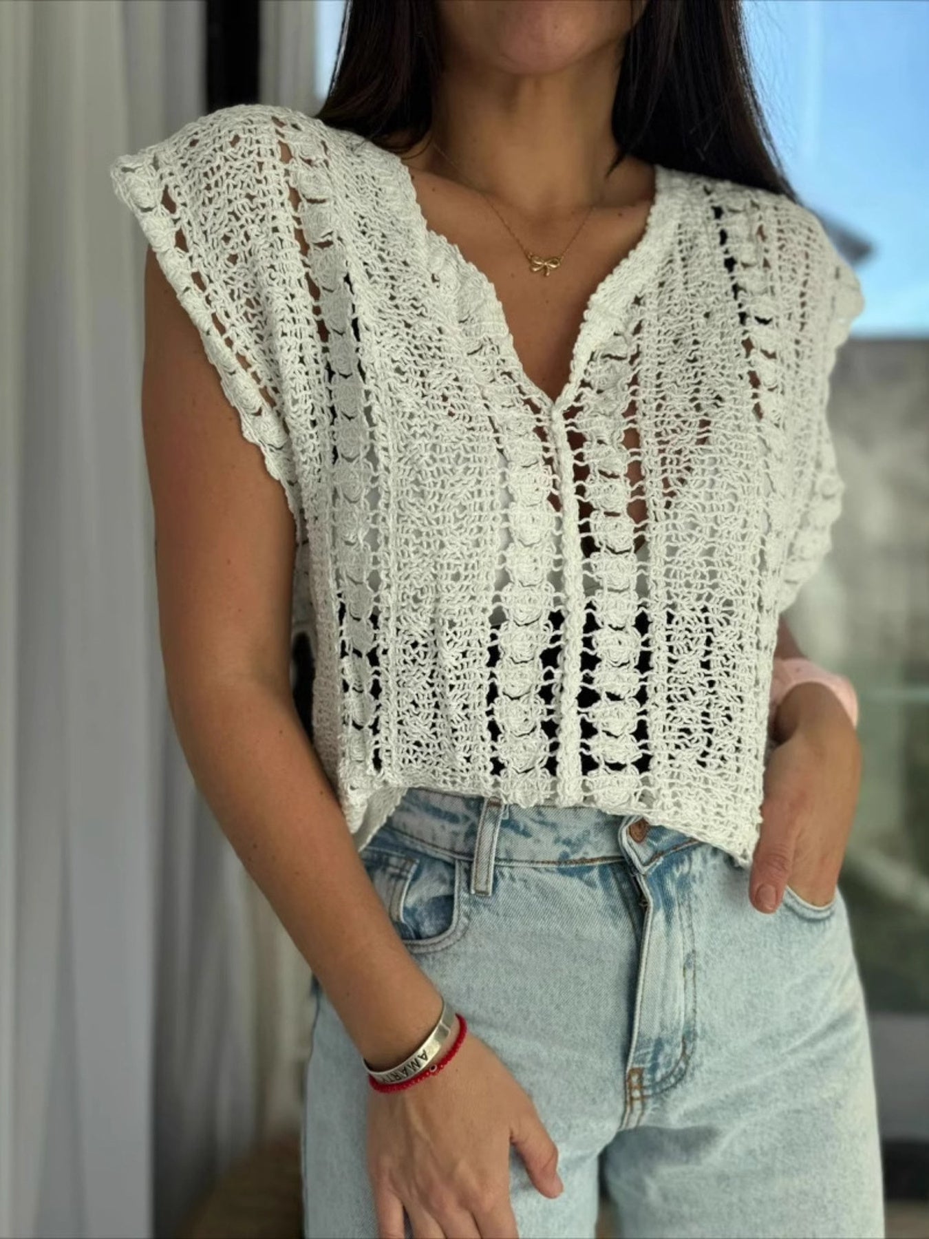 Crochet Knit V-Neck Sweater Vest