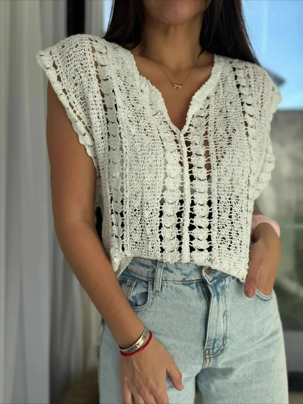 Crochet Knit V-Neck Sweater Vest