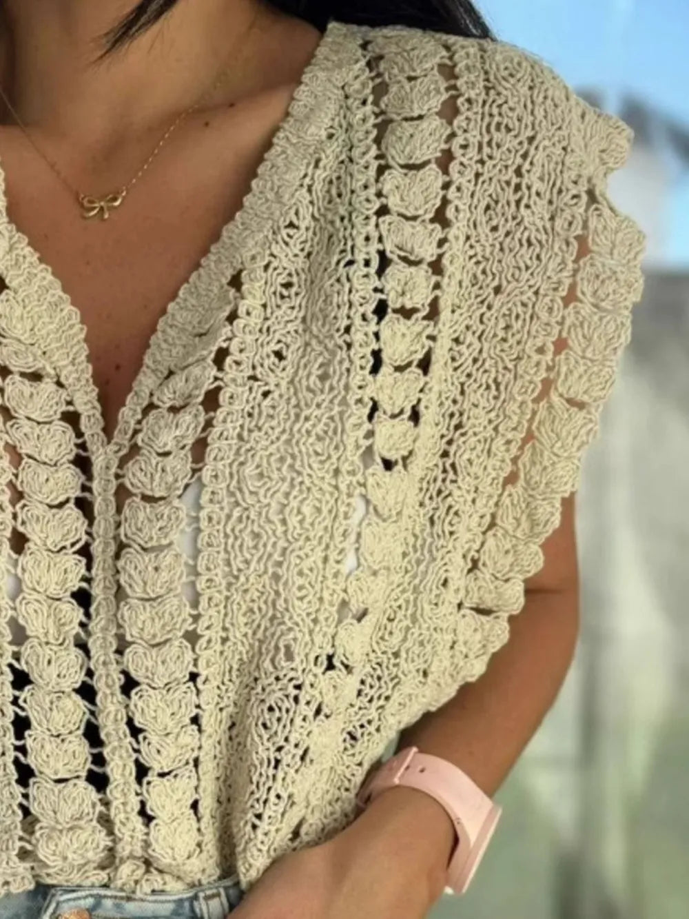 Crochet Knit V-Neck Sweater Vest