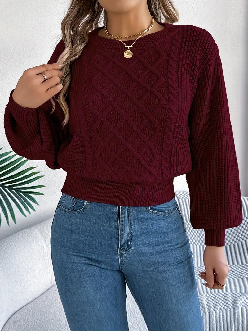 Elegant Solid Color Cable Knit Sweater for Women