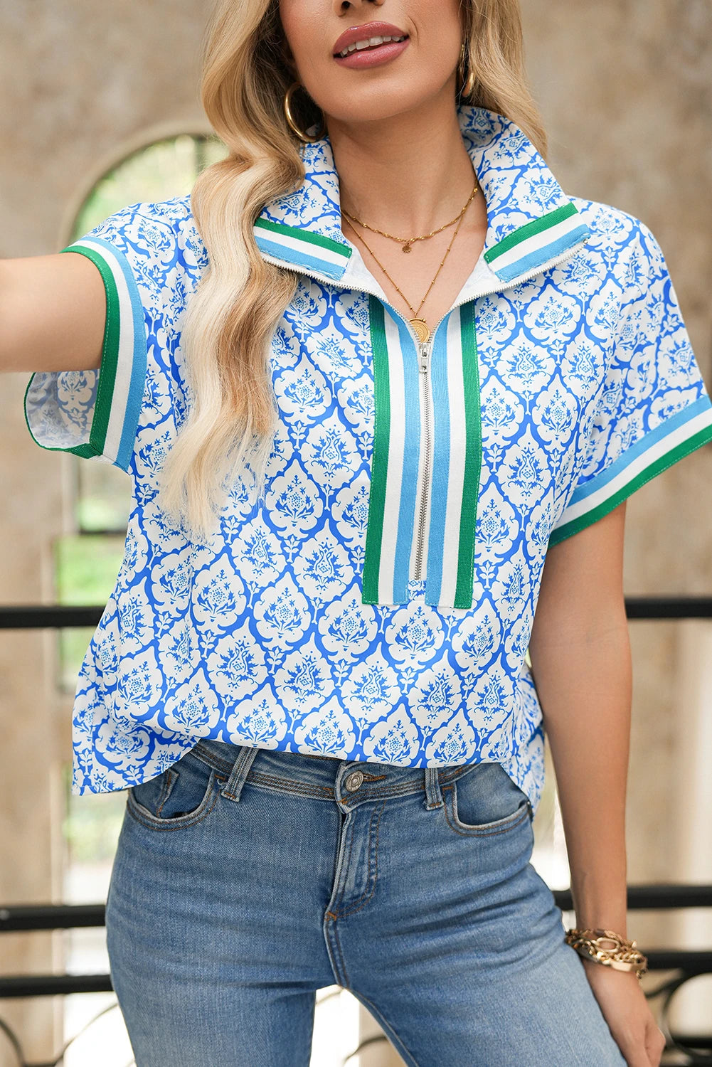 Sky Blue Colorblock Striped Collar Bohemian Print Blouse