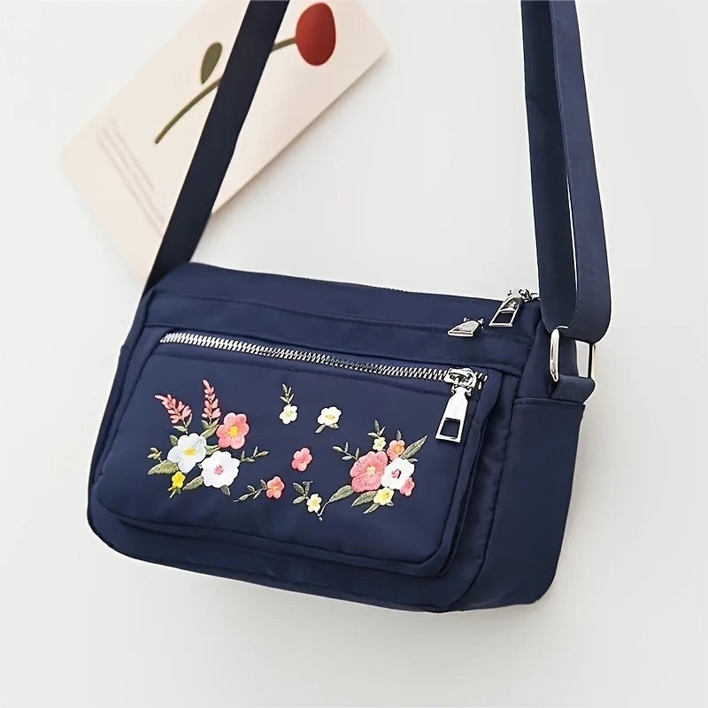 Lightweight Chic Embroidered Floral Nylon Crossbody Bag