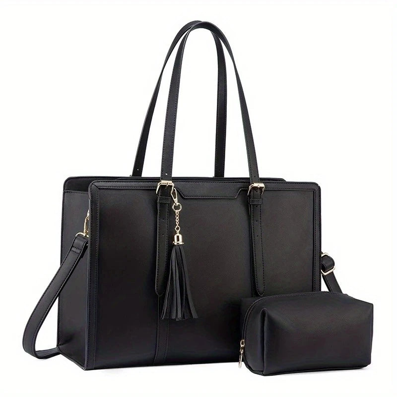 Women's Laptop Tote Bag with Detachable Clutch - Golden-Tone Hardware, Multiple Compartments & Tassel Detail for Business
