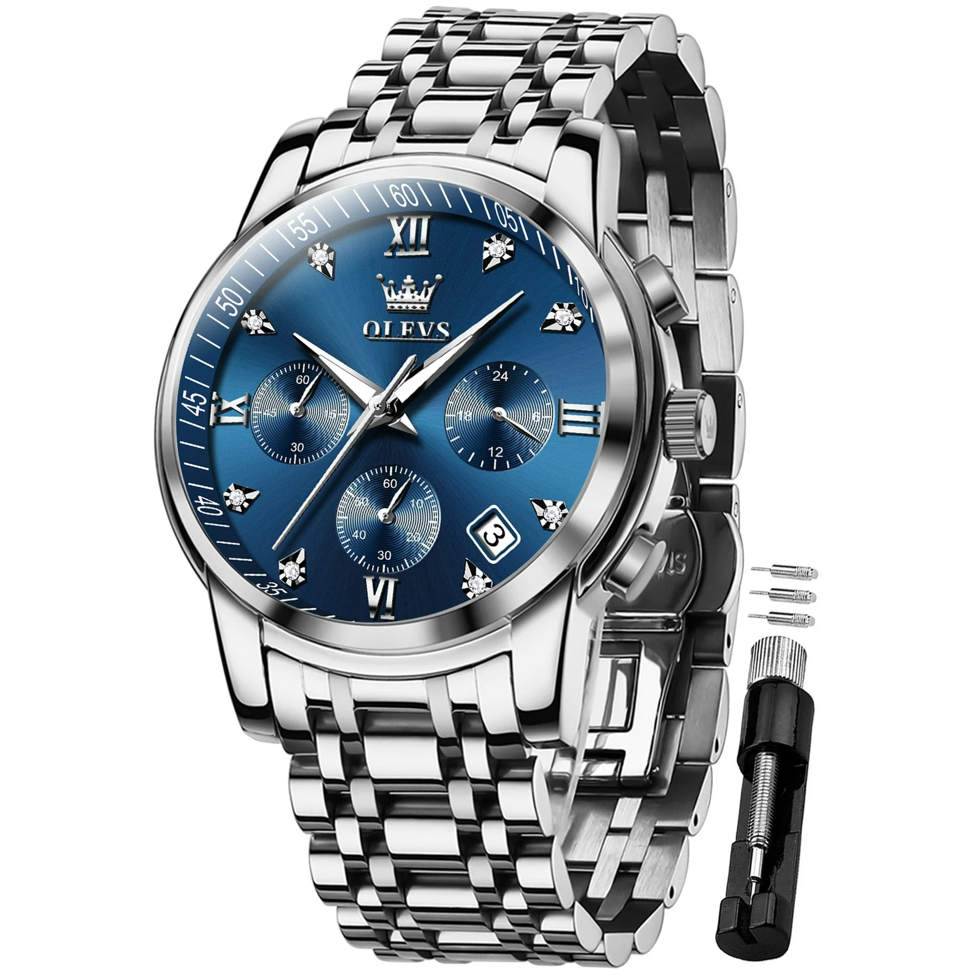 OLEVS Watches for Men, Mens Watches Gifts for Men Chronograph Analog Quartz Luxury Casual Classic Diamond Waterproof Luminous Stainless Steel Reloj para Hombre Blue Dial