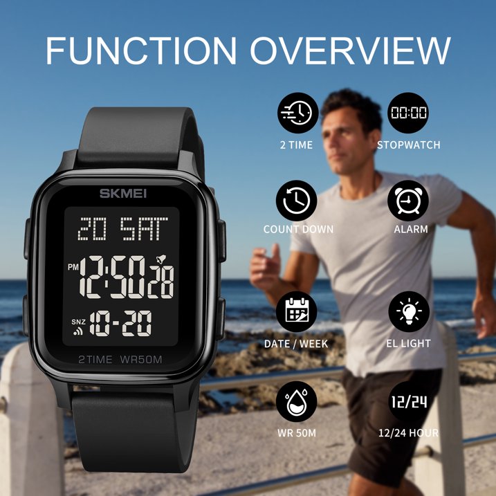 Men's Digital Multifunction Watch Outdoor Casual Square 50M Waterproof Led Light Wristwatch