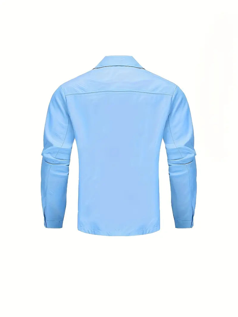Men's Blue Button-Up Casual Jacket with Flap Pockets