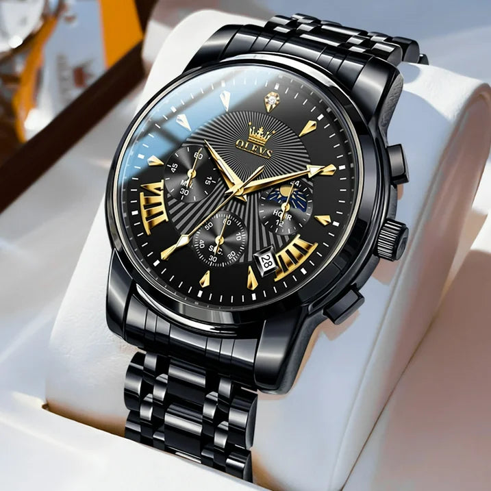 OLEVS Watches for Men, Mens Watches Quartz Black Stainless Steel Waterproof Luminous Business Calendar Wrist Watch reloj para hombre