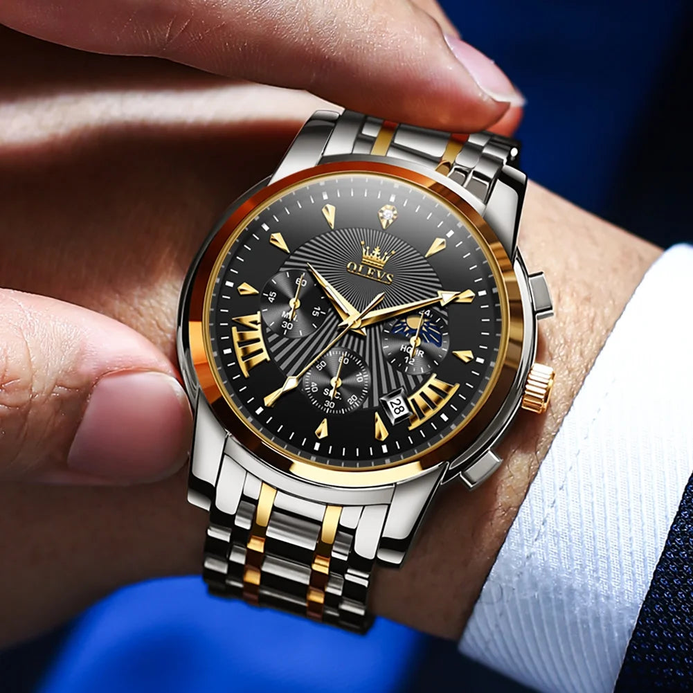 OLEVS Watches for Men, Mens Watches Quartz Gold Stainless Steel Waterproof Luminous Business Calendar Wrist Watch reloj para hombre Black Dial