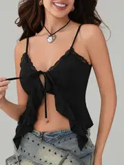 Women's Sexy Summer Fitted Camisole Top - Sleeveless V-Neck Tie-Up Bow Bustier Crop Top