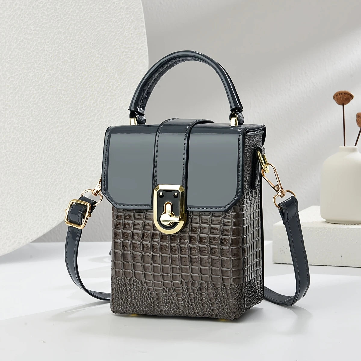 Mini Vintage Style Faux Crocodile-Print Shoulder Bag
