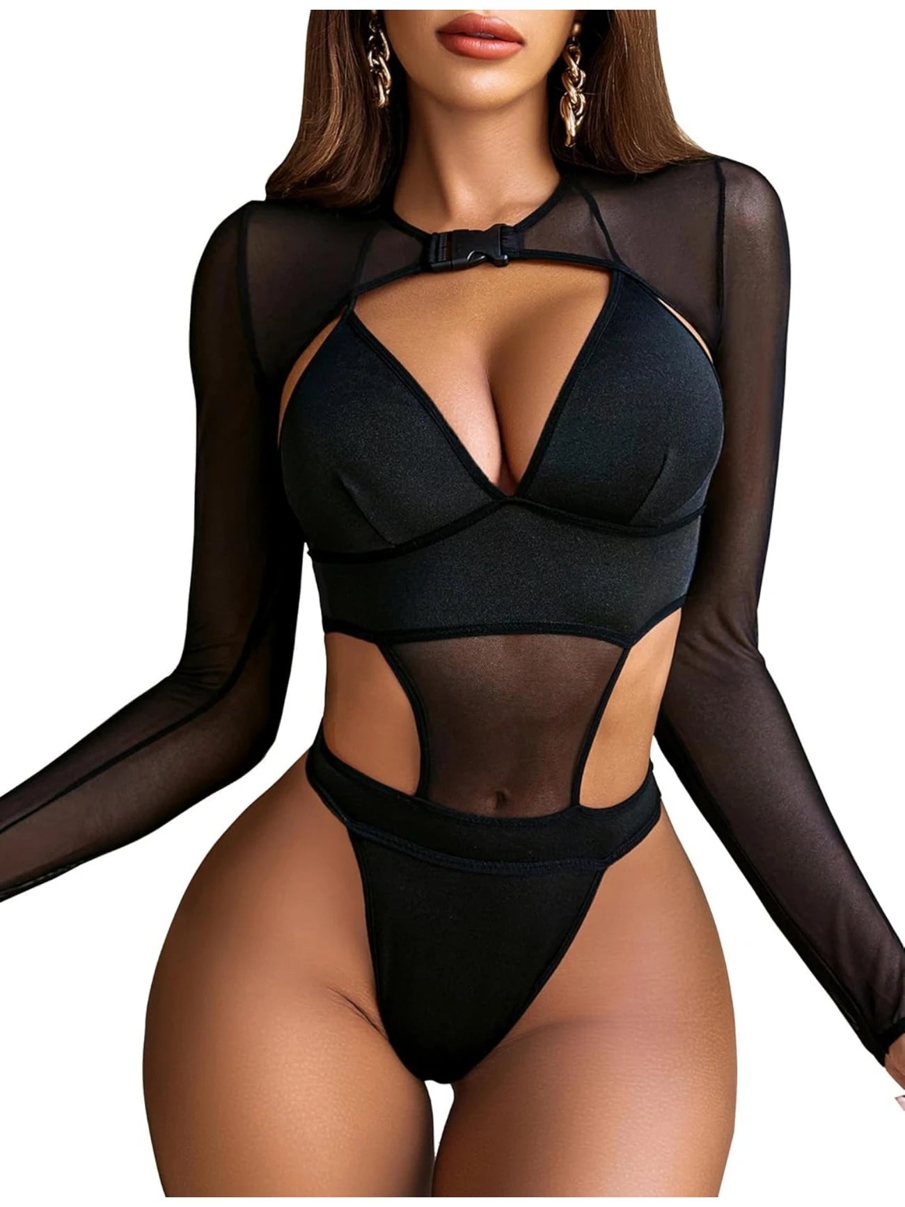 Rave Outfits for Women Festival Sexy Lingerie Bodysuit Buckle Shrug Crop Top Set