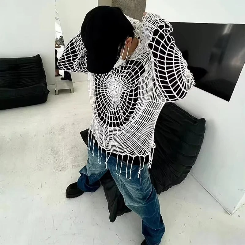 Men's Spider Web Hollow Knit Hoodie Sweater