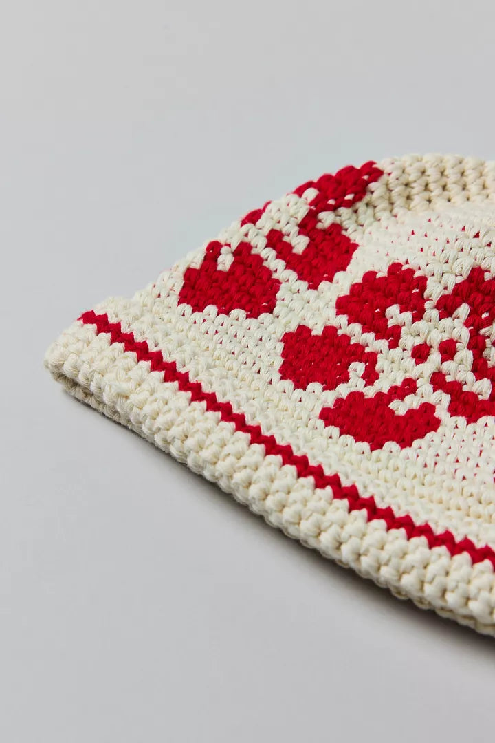 Floral Knit Roll Cuff Beanie Red