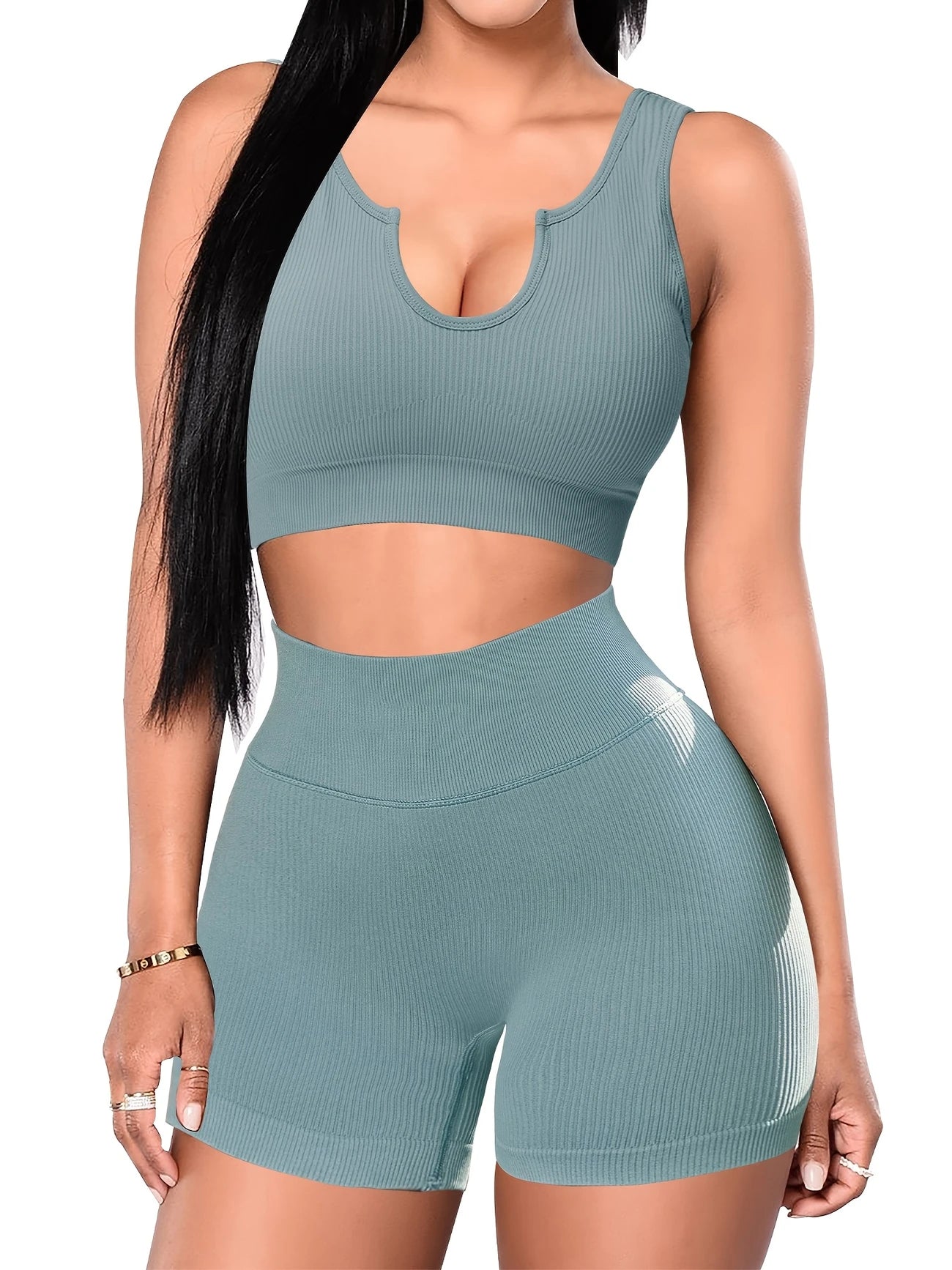 Workout Sets For Women Seamless Yoga Outfits Ribbed Sports Bra Gym Shorts