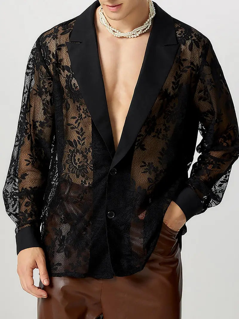Men'S Elegant Floral Lace Patchwork Blazer