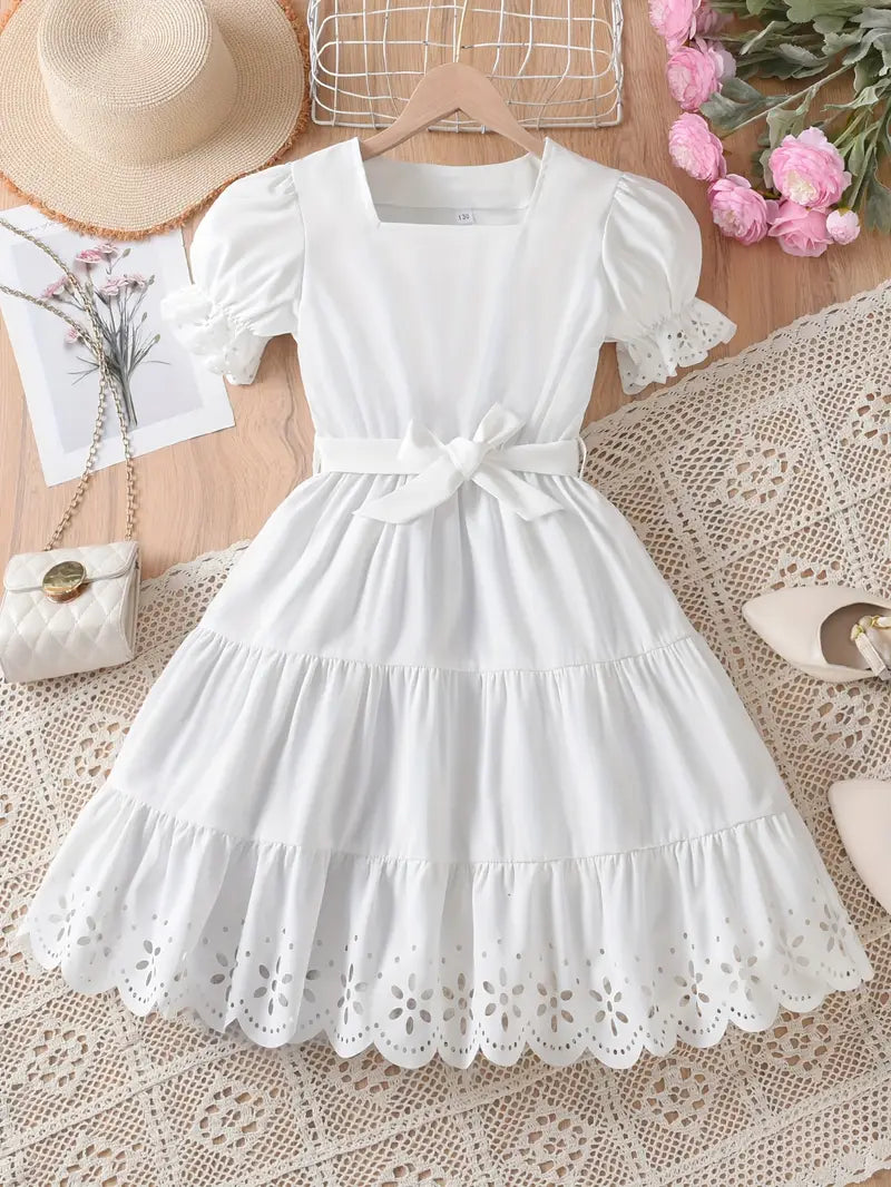Girls' Elegant Square Neck Bubble Sleeve Lace Trim Princess Dress