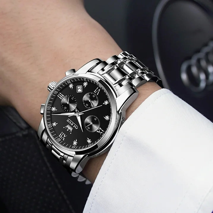 OLEVS Watches for Men, Mens Watches Gifts for Men Chronograph Analog Quartz Luxury Casual Classic Diamond Waterproof Luminous Stainless Steel Reloj para Hombre Black Dial