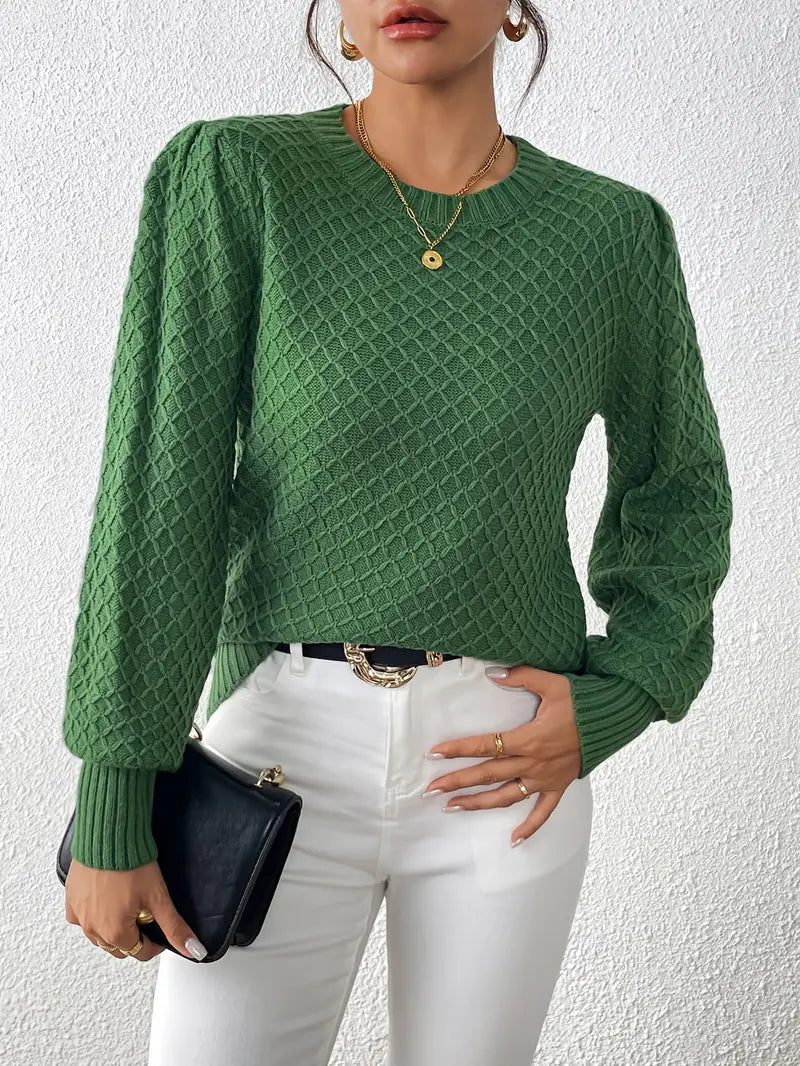 Argyle Pattern Lantern Sleeve Crew Neck Sweater