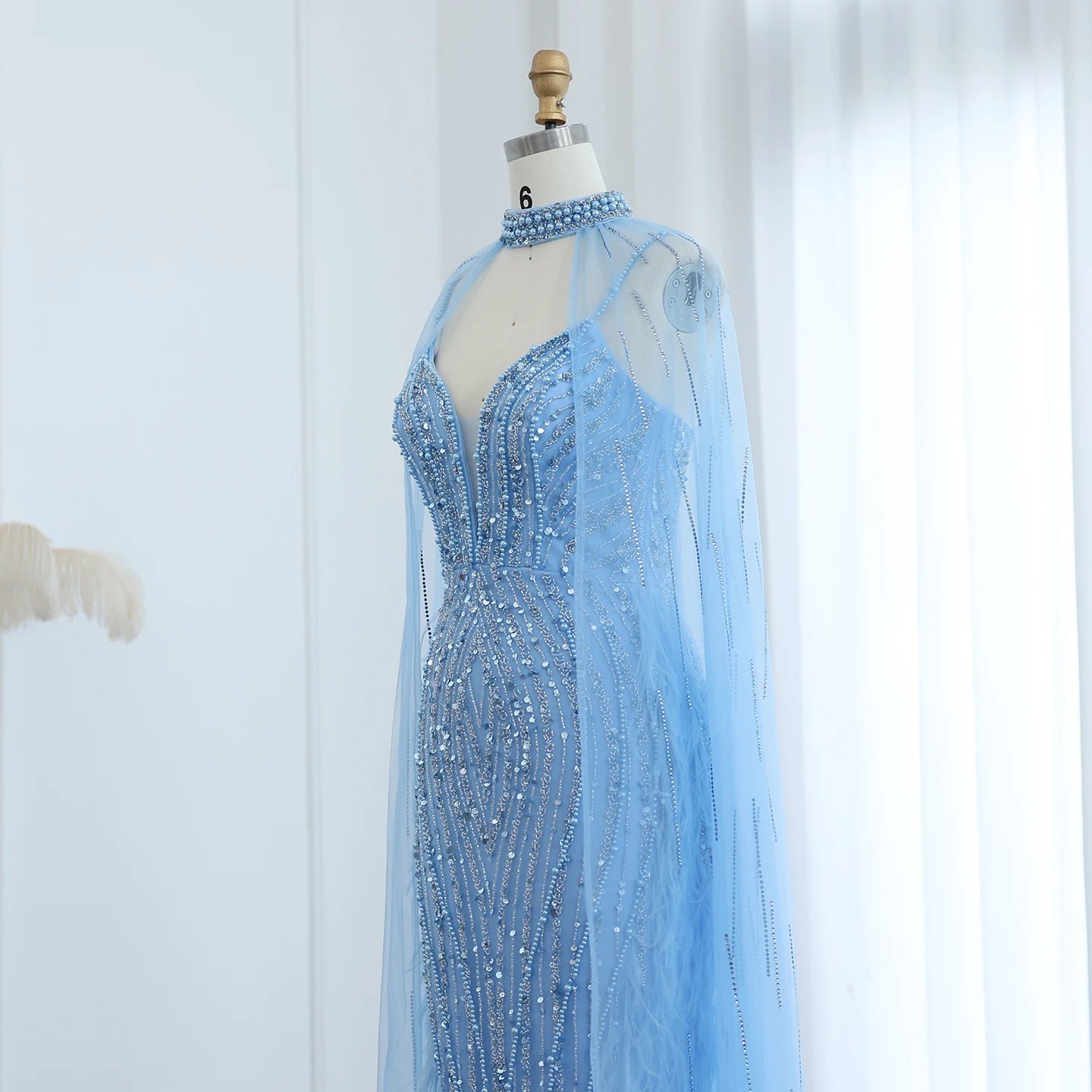 Sharon Said Luxury Feather White Nude Mermaid Evening Dress