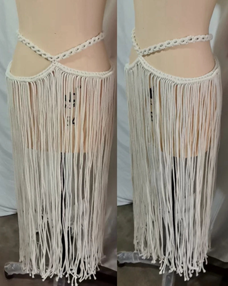 Sexy Long Tassel Knit Dress Summer Bikini Crop Top Bra and High Waist Skirt