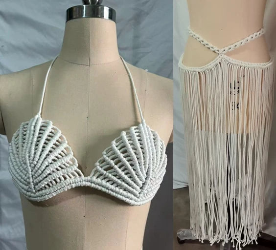 Sexy Long Tassel Knit Dress Summer Bikini Crop Top Bra and High Waist Skirt