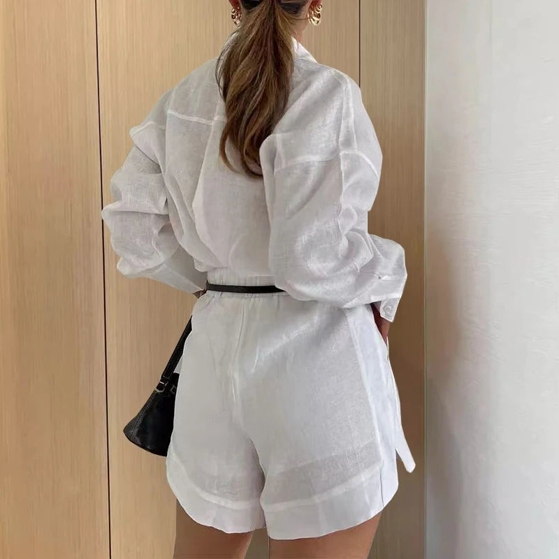 Women Long Sleeve 2 Pieces Sets Casual Simple Button Pockets Short