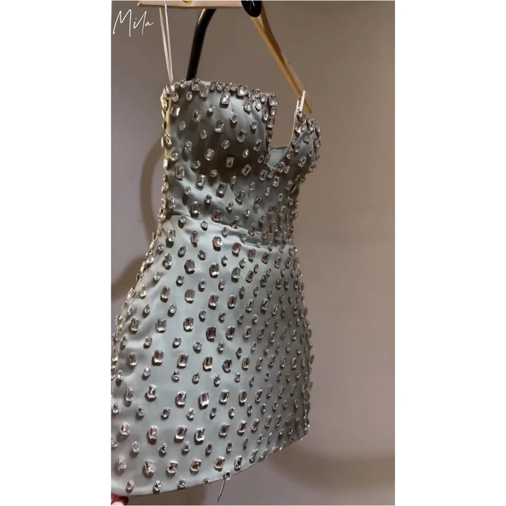 Mila Strapless Mini Satin Party Dresses Crystal Sexy Evening Dresses Spaghetti Strap Homecoming Customized Prom Dresses 2025