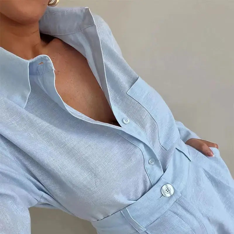 Women Long Sleeve 2 Pieces Sets Casual Simple Button Pockets Short