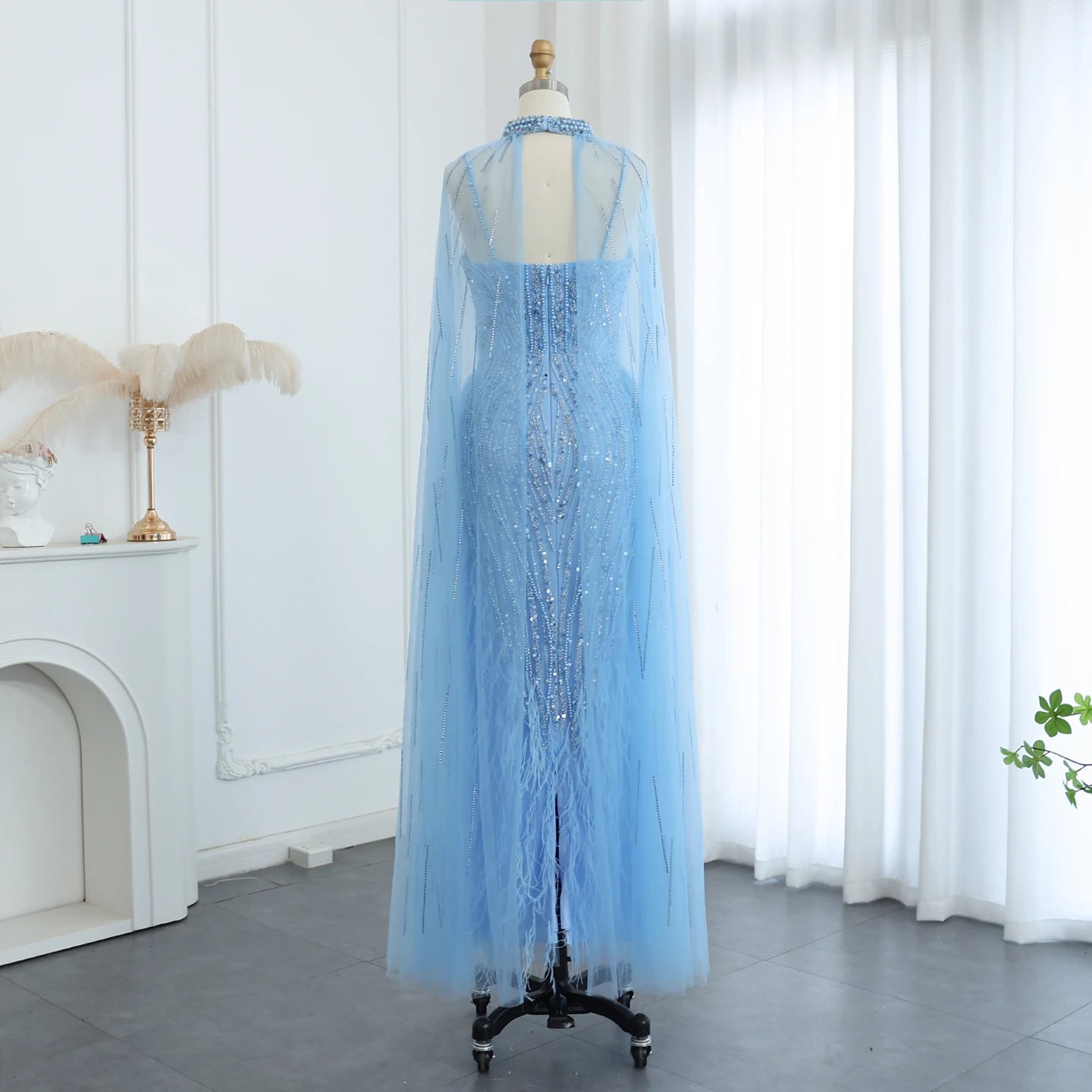 Sharon Said Luxury Feather White Nude Mermaid Evening Dress