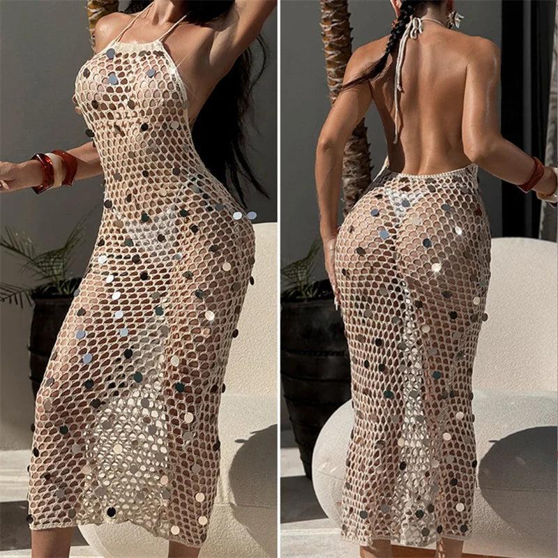 Sexy Halter Backless Lace Up Sequined Knit Dress Long Beach Crochet Bikini