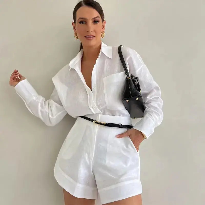 Women Long Sleeve 2 Pieces Sets Casual Simple Button Pockets Short